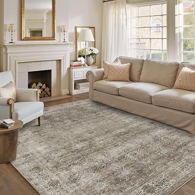 10x14 Washable Area Rug Grey Brown Vintage Rug for Living Room Bedroom Low Pile Soft Non-Slip Boho Rug for Under Table Boho Distressed Retro Carpet for Bedroom Dining Room