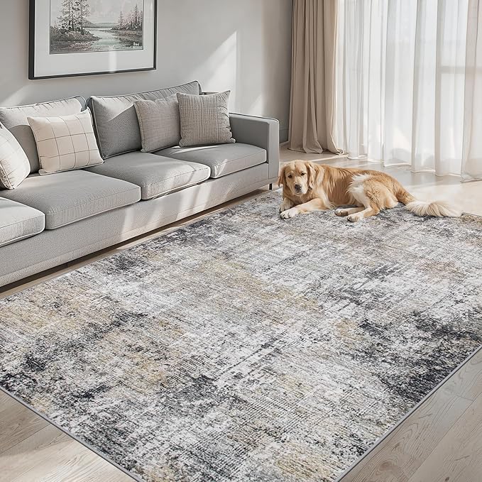 8x10 Area Rugs for Living Room - Washable Rug Modern Abstract Soft Large Neutral Non-Slip Carpet Indoor Floor Thin Carpets for Bedroom Dining Room Farmhouse Nursery Home Office Brown Black Grey