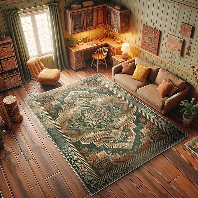 Ambesonne Oriental Boho Decorative Rug, Bohemian Flowery Mandala with Abstract Geometric Details Print, Quality Carpet for Bedroom Dorm and Living Room, 2' 5" x 5', Hunter Green Peach