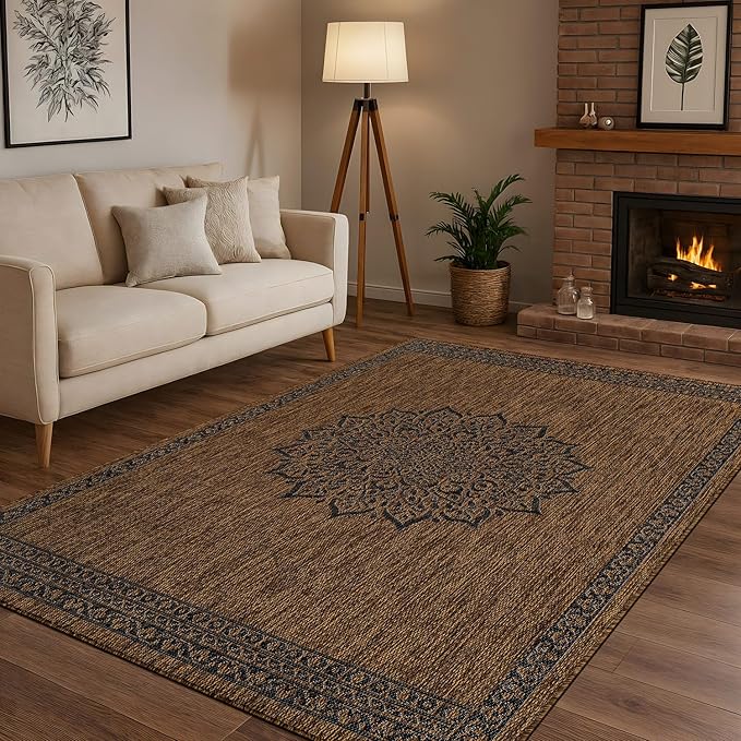 CAMILSON Outdoor Rug 6x9 Medallion Gold Modern Area Rugs for Indoor and Outdoor Patios Kitchen and Hallway Mats Washable Porch Deck Outside Carpet (Medallion Gold 6 x 9)