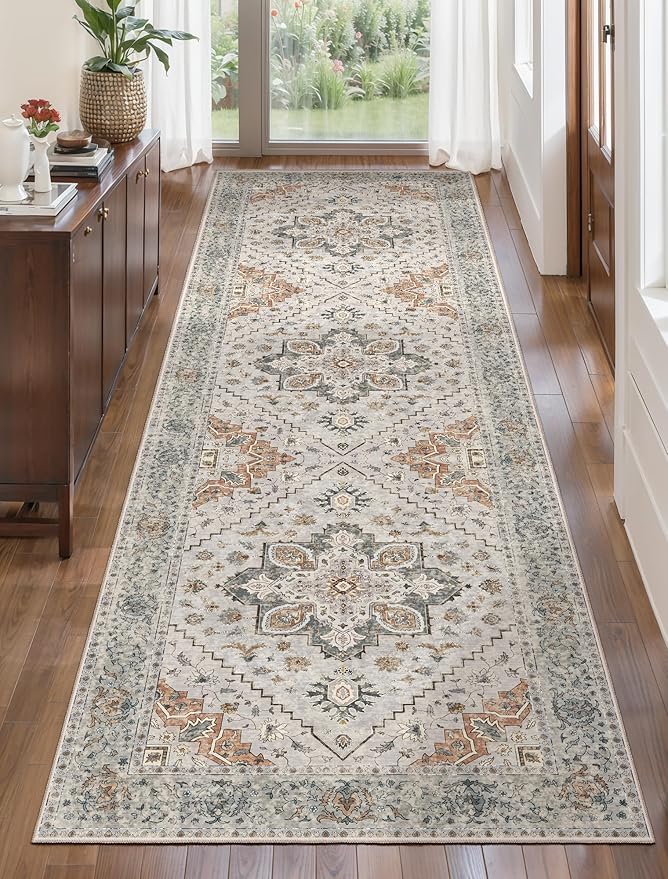 Tangsoo 3x10 Runner Rug for Hallway Long Washable Hallway Runner Rugs, Non Slip Vintage Soft Low Pile Rug Runner, Indoor 10ft Carpet Runners for Living Room Kitchen Bedroom Entryway Grey/Cream