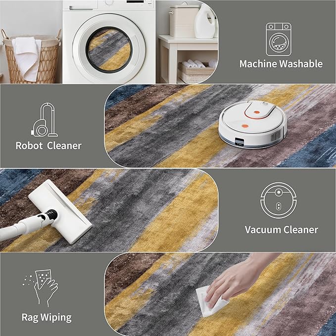 Ciicool Abstract Area Rug Indoor, 3x5 Washable Entryway Rug, Modern Soft Throw Rug with Non-Slip Backing Ideal for Bedroom Living Room Entrance Kitchen, Low-Pile Floor Carpet Doormat Yellow Blue Grey