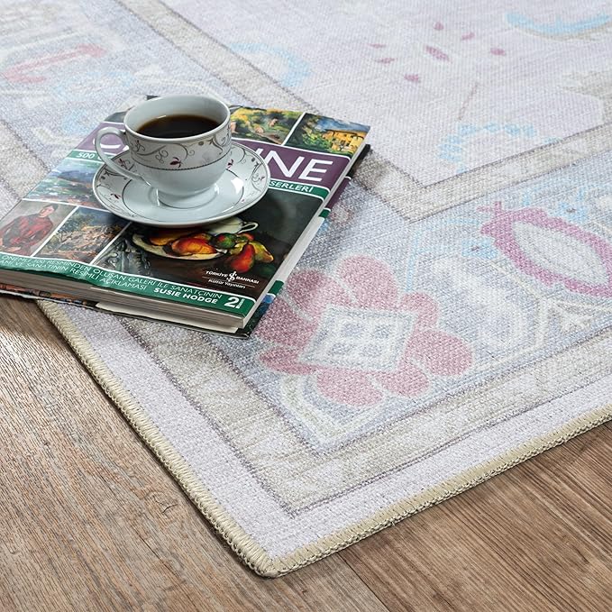 Fame Living Pink Oushak Rug, Modern, Vintage, Turkish, Eclectic, Floral, Pastel, Washable, Oversized, Extra Large Area Rugs for Living Room, Dining, Bedroom, Lounge 9'5"x14'