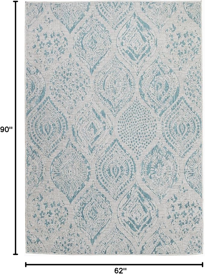 FH Home Flat Woven Outdoor Rug - Waterproof, Easy to Clean, Stain Resistant - Premium Polypropylene Yarn - Distressed Farmhouse - Patio, Porch, Deck, Balcony - Granada - Aqua - 5ft 2in x 7ft 6in
