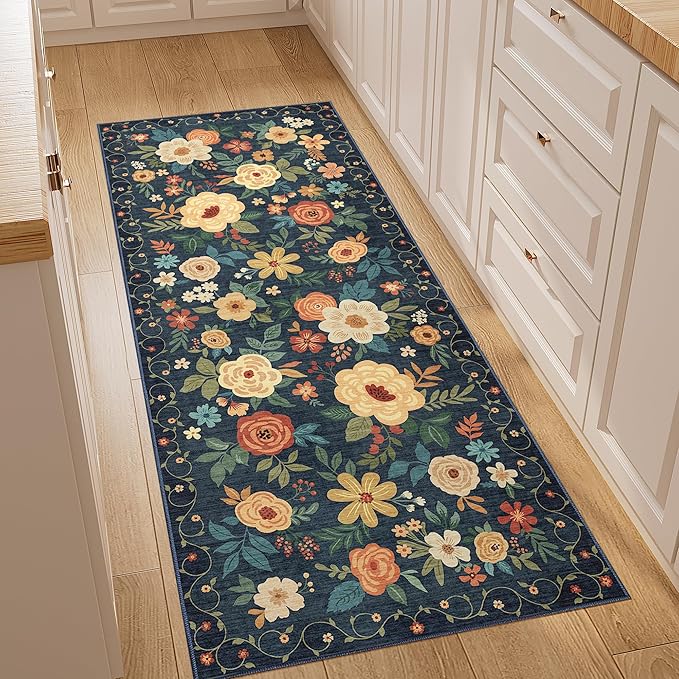 DUKINO 2x5 Runner Rug for Hallway, Washable Kitchen Floral Runner Rug with Non Slip Backing, Low Pile Soft Boho Carpet for Kitchen, Hallway, Entryway, Laundry, Bedroom, Navy Blue