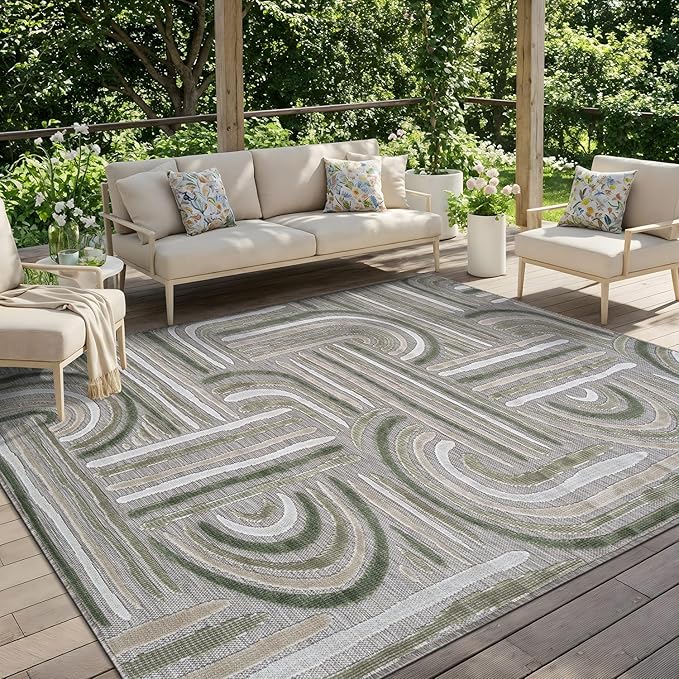 CAMILSON Indoor Outdoor Rug, Beige 6x9 Geometric Arch Striped Area Rugs for Patio and Home Areas, Easy-Cleaning Non-Shedding Living Room, Garden and Deck Washable Outside Carpet (6 x 9)