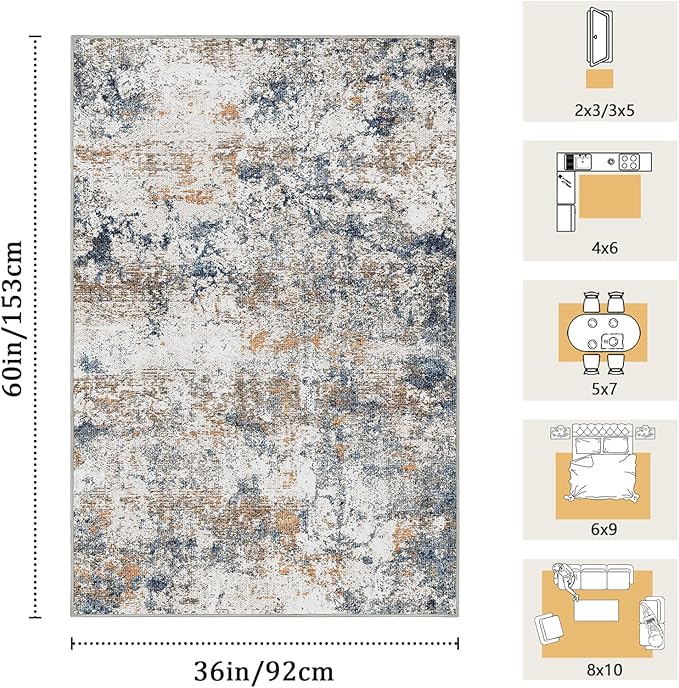 3x5 Machine Washable Area Rug for Entryway, Multicolor Modern Vintage Abstract Rug Non-Slip Low Pile Soft Faux Wool Small Carpet, Kids and Pets Friendly for Bedroom Kitchen Hallway Home Decor Rug