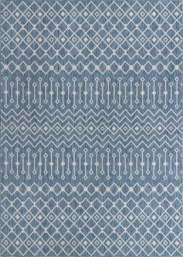 Unique Loom Outdoor Trellis Collection Area Rug - Tribal Trellis (10' x 14' 1" Rectangle, Blue/ Ivory)