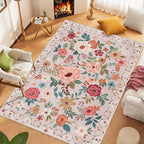 DUKINO 9x12 Area Rug, Floral Rugs for Living Room, Lightweight Non Slip Washable Rug, Indoor Low Pile & Non-Shedding Boho Design Rugs for Bedroom, Living Room, Dining Room, Beige