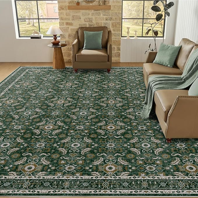WITSHOCK Living Room Area Rugs 12x15: Soft Non-Slip Backing Washable Rugs Vintage Large Carpet for Bedroom Office Dining Room Kitchen Stain Resistant Home Decor Rug, Dark Green