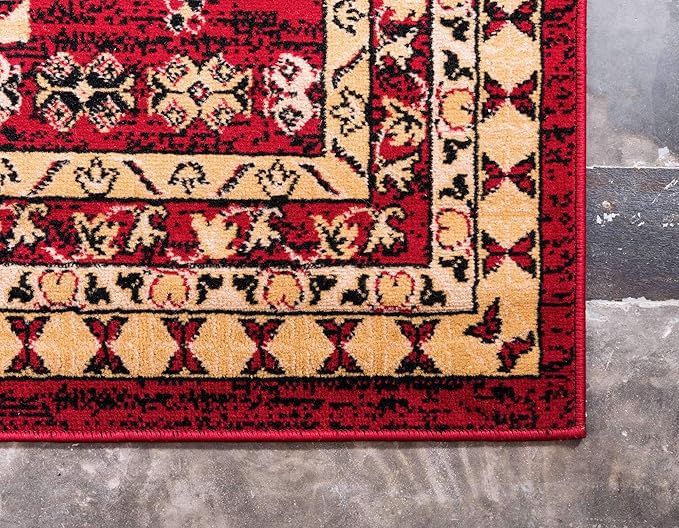 Unique Loom Taftan Collection Border Geometric Tribal Inspired Design Area Rug (6' 0 x 9' 0 Rectangular, Red/ Gold)