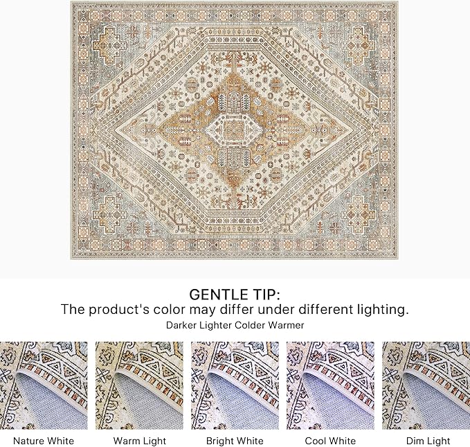 Bavni Runner Rug 2x12 Kitchen Rugs for Hallways Entryway, Washable Vintage Print Carpet, Ultra-Thin Chenille Low Pile Lightweight Rug with Non Slip Backing, Light Tan/Grey