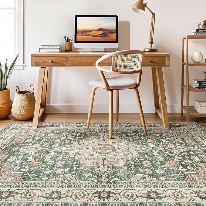 Green Rug Living Room Rugs: 10x14 Washable Boho Large Vintage Soft Stain Resistant Farmhouse Oriental Non Slip Indoor Floor Carpet for Bedroom Nursery Kids Playroom Office Dining Room Home Decor