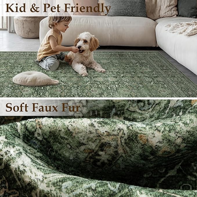 Green Runner Rug 2x8 Hallway Washable Carpet Soft Vintage Indoor Kitchen Non Slip Bedroom Traditional Retro Distressed Thicker Throw Long Rug Bathroom Laundry Entryway Office Dining Room