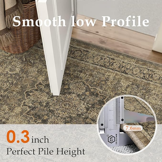 2x6 Brown Washable Vintage Runner Rug for Living Room Bedroom Soft Tranditional Non Slip Runner Area Rug Lightweight Floral Low Pile Distressed Runner Kitchen Hallway Bedroom