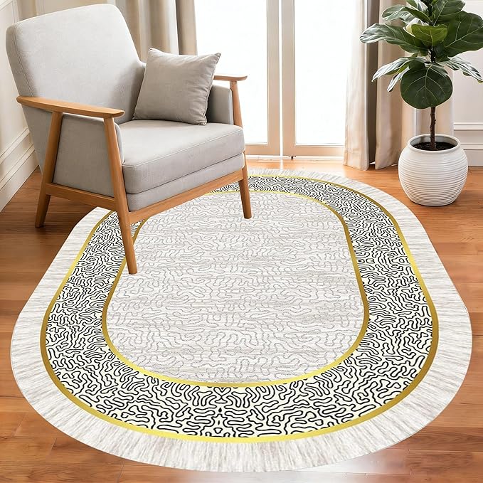Off White Black Gold Indoor Rugs Modern Minimalist Abstract Geometric Pattern Home Office Area Rug 5x8 for Livingroom Bedroom Dining Room Soft Durable Non Skid Carpet Under Table Bordered Floor Mat