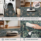 Vintage Large Entryway Rugs Indoor, 3x5 Washable Blue and Green Floral Rugs for Kitchen Floor, Bedroom Beside Bed, Non-Slip & Low Pile Stain Resistant Laundry Carpet with Plant & Bird Pattern