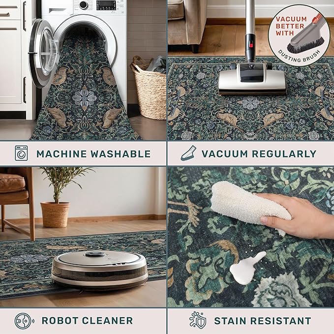 Traditional Washable Entryway Rugs, 3x4 Blue and Green Floral Kitchen Mat for Floor, Bedside, Rug for Laundry Room Floor Non Slip, Moody Stain Resistant Low Plie Carpet