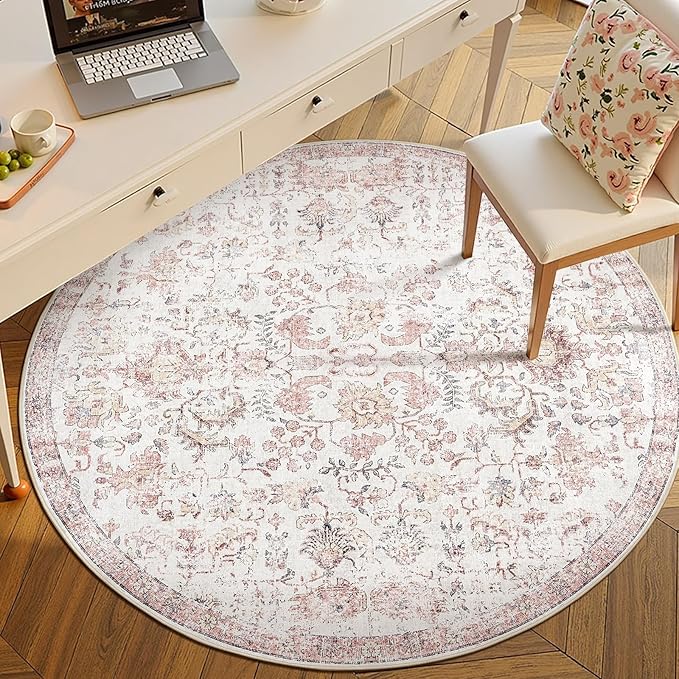 jinchan Kalen Round Rug 6ft Area Rug Washable Vintage Indoor Retro Accent Floor Cover Distressed Floral 6' Round Circle Boho Non Slip Thin Carpet for Living Room Dining Room Bedroom Kitchen Red