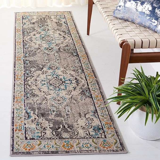SAFAVIEH Monaco Collection Runner Rug - 2'2" x 18', Grey & Light Blue, Boho Chic Medallion Distressed Design, Non-Shedding & Easy Care, Ideal for High Traffic Areas in Living Room, Bedroom (MNC243G)