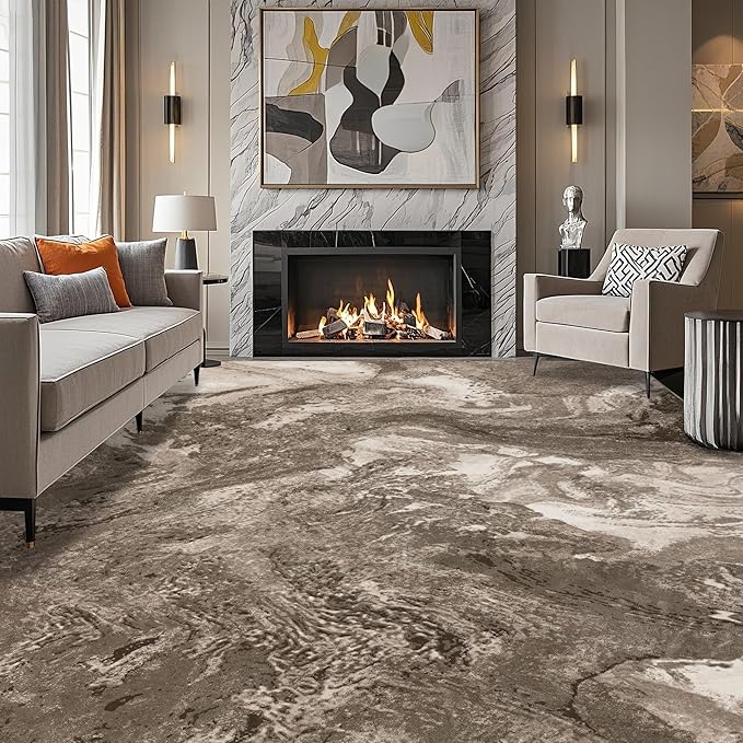Abstract 9x12 Area Rugs: Modern Washable Rug for Living Room Bedroom Dining Room Indoor - Thin Low Pile Non-Slip Large Carpet - Beige Brown