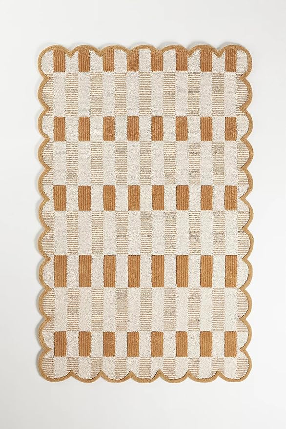 Hand-Tufted Wool Area Rug with Scalloped Edges, Neutral Beige Plaid Pattern, Cozy Soft Accent Rug for Living Room, Bedroom, and Nursery, Handmade Decorative Carpet, 5x5 Ft (Square)