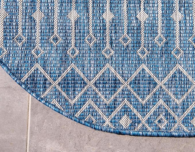 Unique Loom Outdoor Trellis Collection Area Rug - Tribal Trellis (6' 1" Round, Blue/ Ivory)