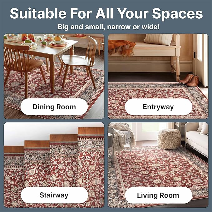 Well Woven Asha Rome Red 9'10" x 13' Area Rug - Oriental Floral Pattern, Easy Clean, Floor-Friendly Backing - for Living Room, Bedroom, and Dining Room