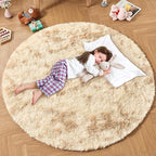 Andency Tie-Dyed Beige Round Area Rug for Living Room, 4x4 Shag Rug for Bedroom, Fluffy Circle Carpet for Home Decor, Room, Fuzzy Plush Circular Rug for Dorm Playroom
