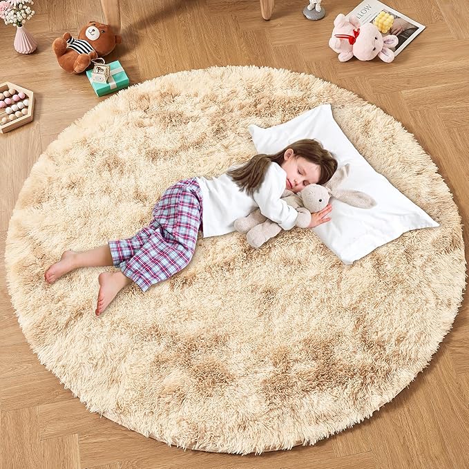 Andency Tie-Dyed Beige Round Area Rug for Living Room, 5x5 ft Shag Rug for Bedroom, Fluffy Circle Carpet for Home Decor, Room, Fuzzy Plush Circular Rug for Dorm Playroom