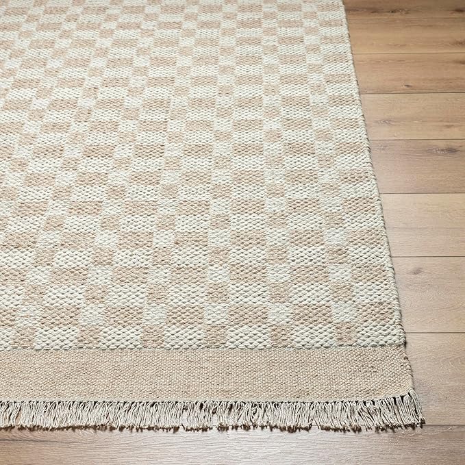 Mark&Day Wool Rugs, 4x6 Clinten Solid and Border Tan Checkered Rug, Tan Ivory Carpet for Living Room, Bedroom or Kitchen (3'6" x 5'6")