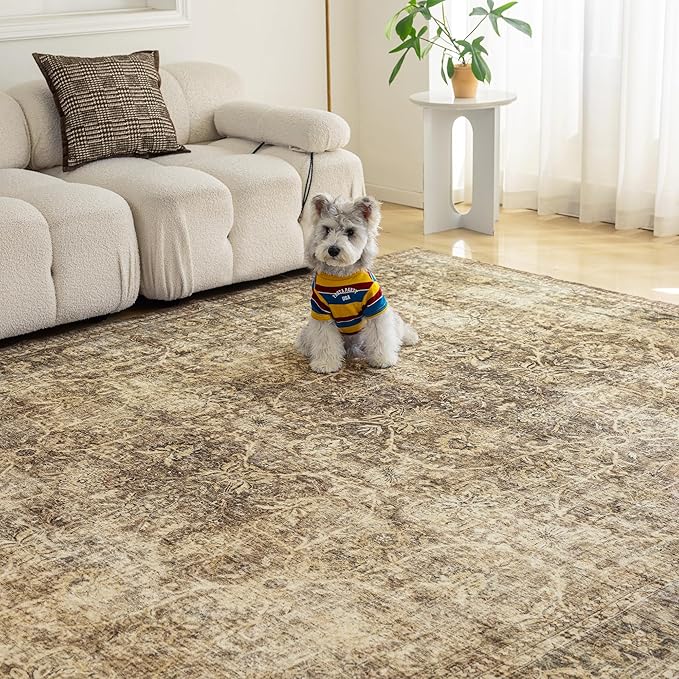 FMFUNCTEX 4x6 Washable Area Rug Neutral Vintage Brown Non Slip Low Pile Traditional Indoor Carpet for Entryway Living Room Bedroom Soft Retro Floral Mat Throw Rug for Dining Office Kitchen Entryway