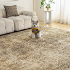 FMFUNCTEX 6x9 Washable Area Rug Brown Vintage Neutral Distressed Large Non Slip Carpet for Living Room Bedroom Soft Low Pile Indoor Mat Retro Floral Throw Rug for Dining Room Kitchen Office Nursery