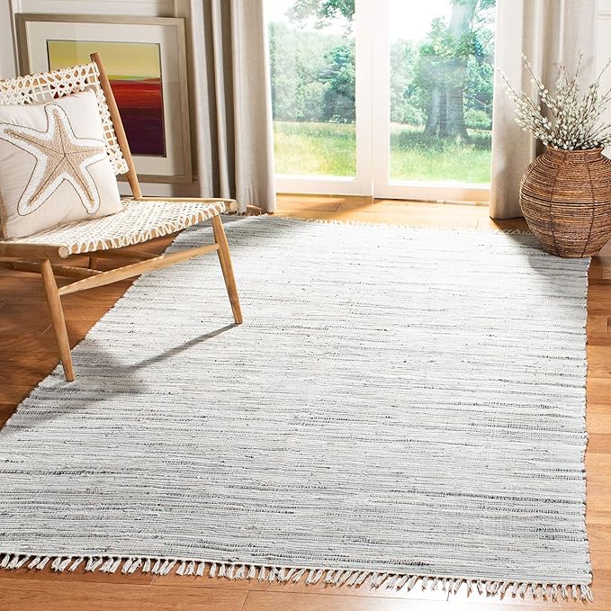 SAFAVIEH Rag Rug Collection Area Rug - 4' Square, Grey, Handmade Boho Stripe Cotton, Ideal for High Traffic Areas in Living Room, Bedroom (RAR121A)
