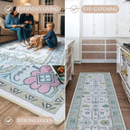 Cream Green Oushak Rug, Modern, Vintage, Turkish, Eclectic, Floral, Pastel, Washable, Oversized, Extra Large Area Rugs for Living Room, Dining, Bedroom, Lounge 9'5"x14'