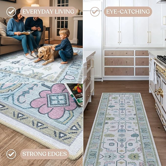 Fame Living Cream Green Oushak Rug, Modern Rugs, Vintage, Turkish, Eclectic, Floral, Pastel, Washable, Small Throw, Accent Area Rug for Living Room, Bedroom, Kitchen, Bathroom, 2'5"x4'9