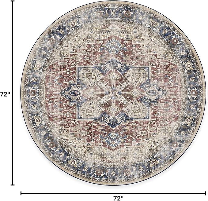 RUGGABLE Washable Vintage Area Rug – Kamran Royal Blue 6 ft Round, Stain-Resistant, Non-Slip – Medium Machine Washable Rugs for Living Room, Bedroom, Hallway, Entryway & Office–with Cushioned Pad
