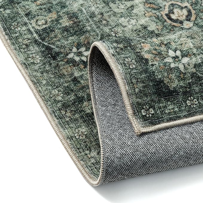 8x10 Washable Area Rug for Living Room Bedroom Green Vintage Distressed Rustic Large Carpet Non-Slip Low Pile Lightweight Vacuumable Soft Throw Rug for Indoor Dining Room