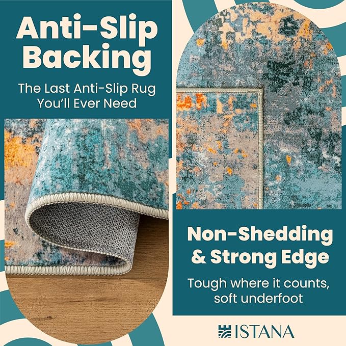 Istana Living Room Rug 10x14 - Multi/Blue 10 x 14 Area Rug - Foldable Machine Washable Area Rugs 10x14 - Stylish 10x14 Area Rugs Boho - Stain Resistant Washable Rug 10x14