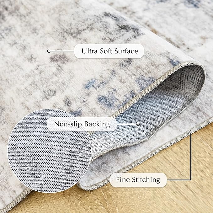 FMFUNCTEX 2x6 Runner Rug Washable Brown and Blue Neutral Modern Abstract Entryway Non Slip Low Pile Soft Accent Hallway Indoor Carpet for Kitchen Living Room Bedroom Bathroom Laundry Entrance Bedside