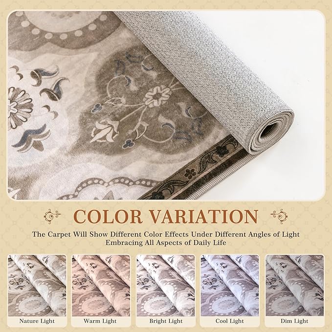 EnHomee Washable Area Rugs 4x6, Soft Area Rug for Living Room Bedroom, Boho Non Slip Low Pile Stain Resistant Washable Rug Large Carpet for Dining Room,Easy to Clean Living Room Rug, Khaki