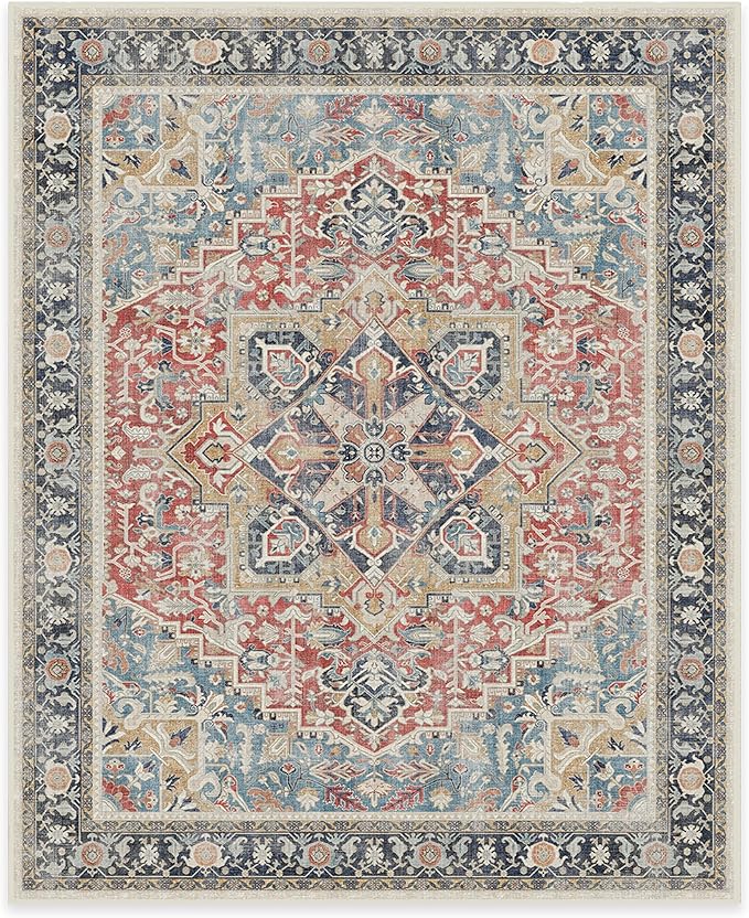 RUGGABLE Washable Vintage Area Rug – Kamran Cayenne Red 8x10, Stain-Resistant, Non-Slip – Large Machine Washable Rugs for Living Room, Bedroom, Hallway, Entryway & Office–with Standard Pad