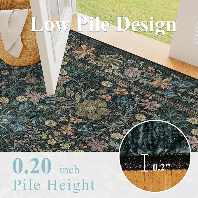 DUKINO 6x9 Rugs for Living Room, Vintage Washable Rug with Non Slip Backing, Floral Low Pile & Non-Shedding Large Area Carpets for Bedroom, Dining Room, Farmhouse, Home Office, Blue