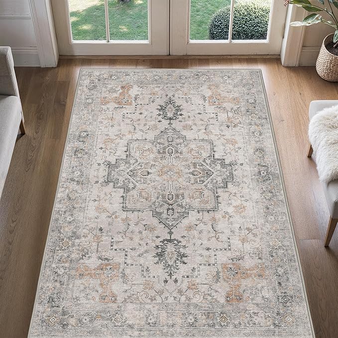 4x6 Area Rugs for Living Room, Machine Washable Low Pile Vintage Rugs, Non Slip Lightweight Print Rug for Bedroom, Dining Room, Home Office, Light Taupe Brown