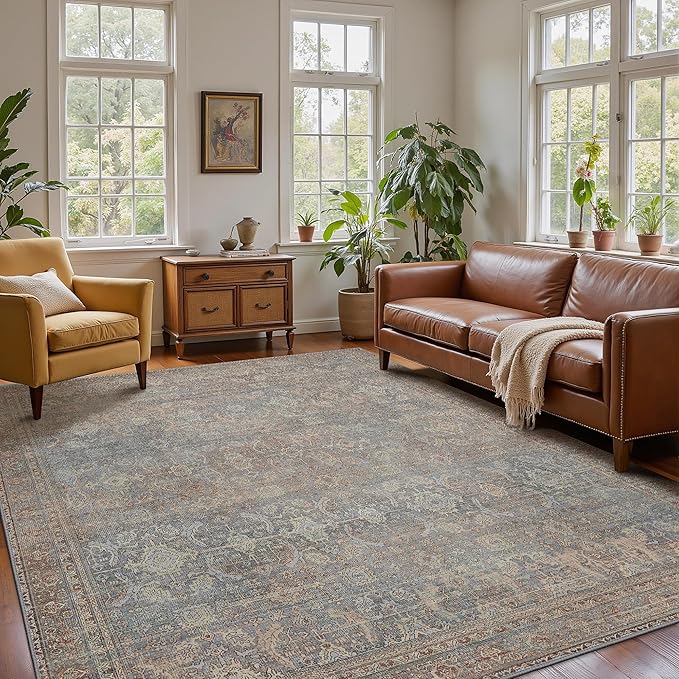 9x12 Area Rug Machine Washable Boho Rug for Living Room,Ultra-Thin Low Pile Carpet,Lightweight Indoor Printed Rug,Non Slip Floral Area Rug for Bedroom, Dining Room, Home Office,Grayish Blue