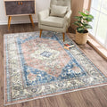 Bloom Rugs Caria Washable Non-Slip 6x9 Rug - Coral Pink/Ocean Blue Traditional Area Rug for Living Room, Bedroom, Dining Room, and Kitchen - Exact Size: 6' x 9'
