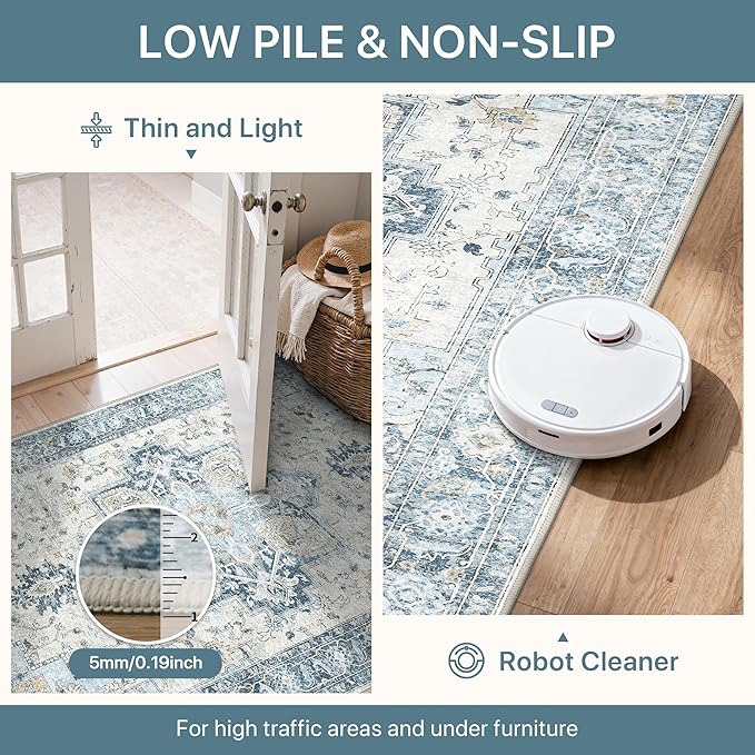 10x14 Area Rugs for Living Room, Machine Washable Rug, Non Slip Vintage Rugs, Low Pile Lightweight Print Rug for Bedroom, Dining Room, Home Office, Blue