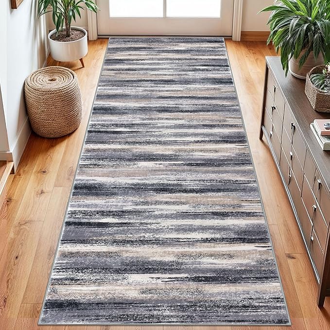 Modern Abstract Runner Rug 2.6x8, Grey Black Multi Washable Kitchen Runner Non-Slip Soft Hallway Rug Runner Thin Print Faux Wool Carpet for Entryway Bedroom Laundry Room Indoor Home Decor