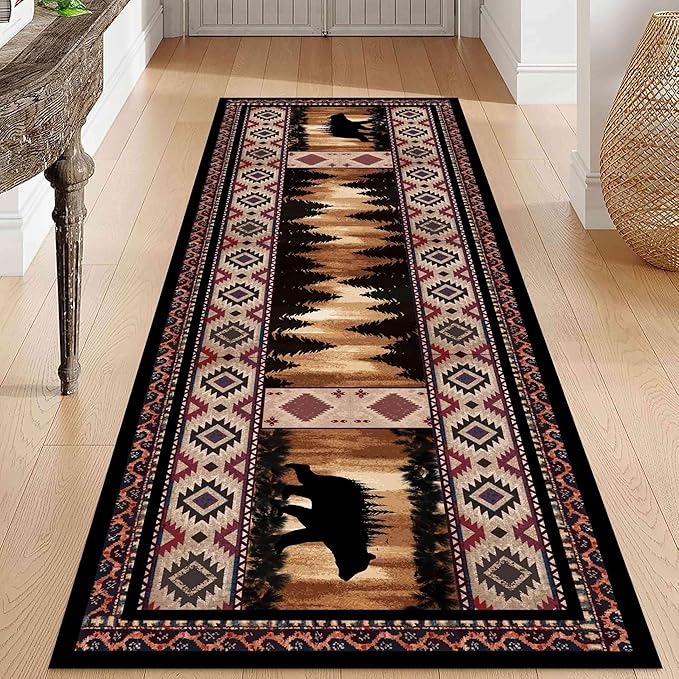 Rustic Cabin Bear Runner Rug, 2x7ft, Native American Long Runner Rug, Wildlife Black Bear Forest Hallway Rug, Vintage Brown Non-Slip Washable Southwestern Style Rug for Entry Kitchen