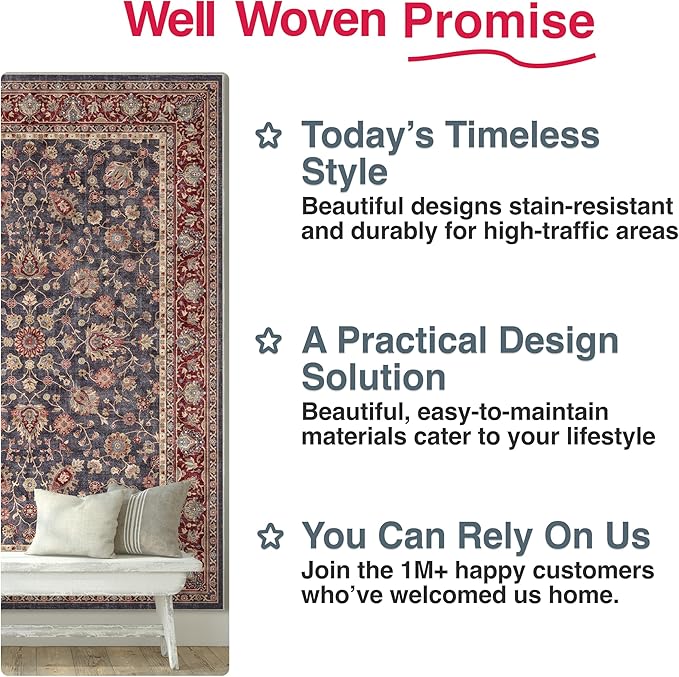Well Woven Asha Rome Navy Blue Red 3'3" x 5' Area Rug - Oriental Floral Pattern, Easy Clean, Floor-Friendly Backing - for Living Room, Bedroom, and Dining Room